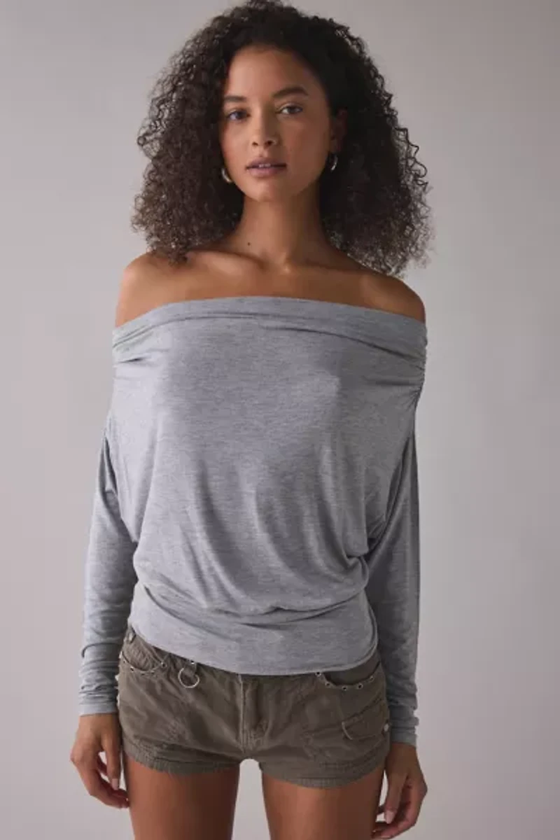 UO Elena Long Sleeve Ruched Off-The-Shoulder Top
