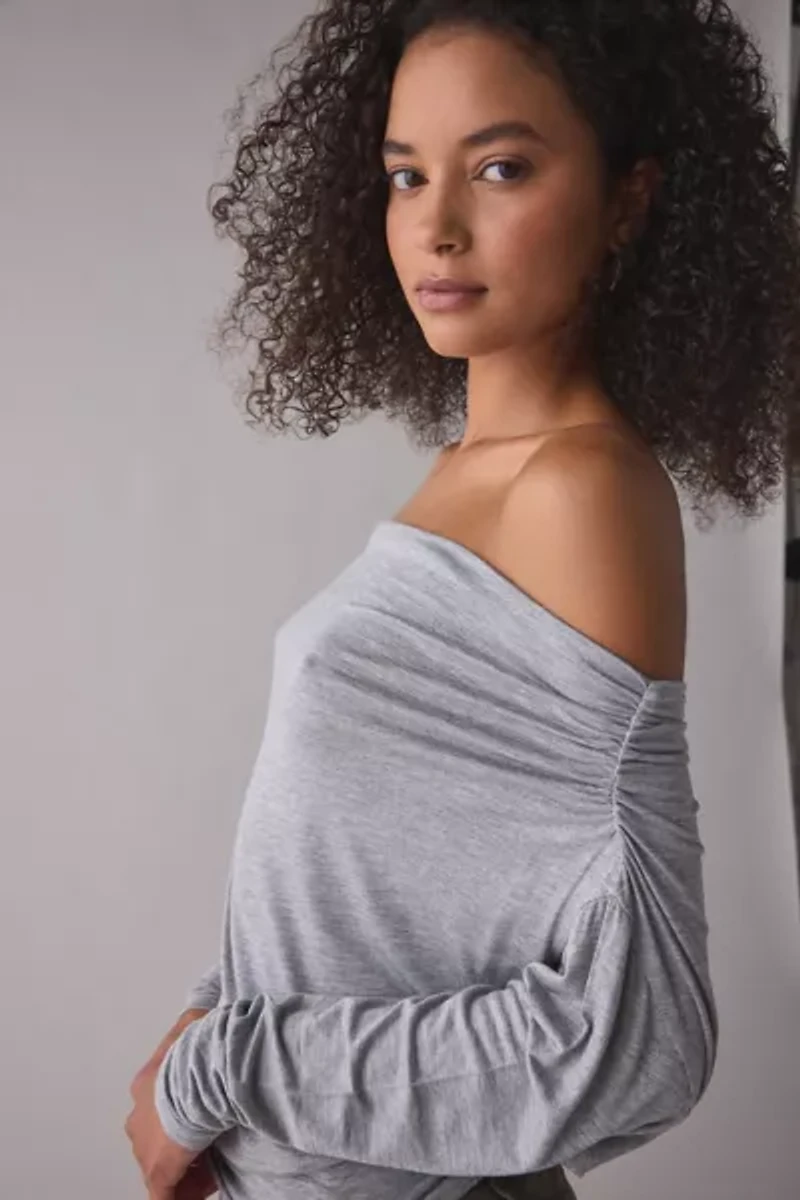 UO Elena Long Sleeve Ruched Off-The-Shoulder Top