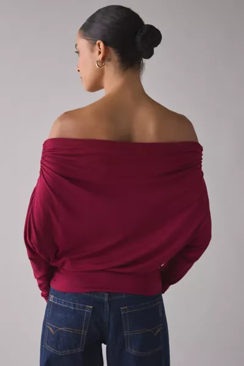 UO Elena Long Sleeve Ruched Off-The-Shoulder Top