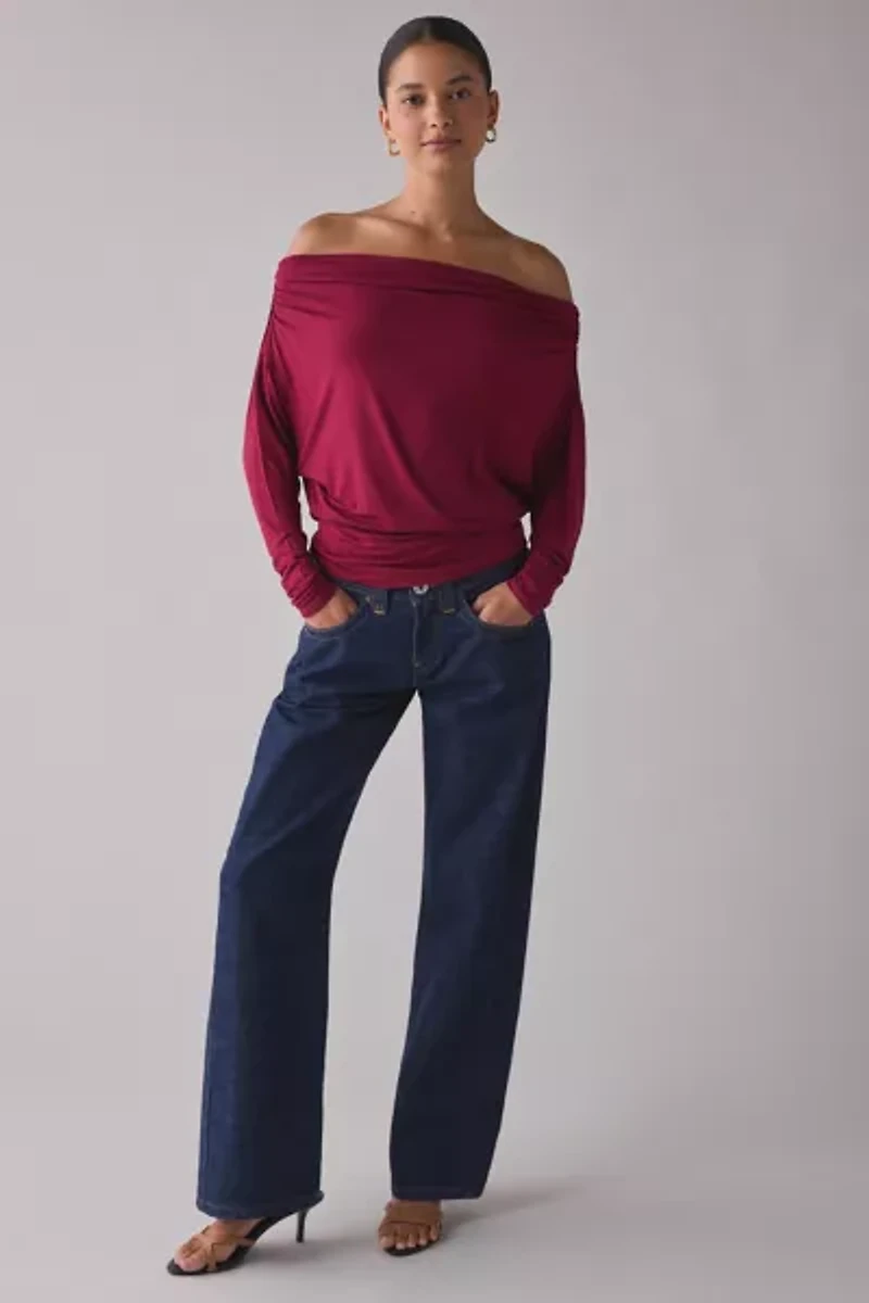 UO Elena Long Sleeve Ruched Off-The-Shoulder Top