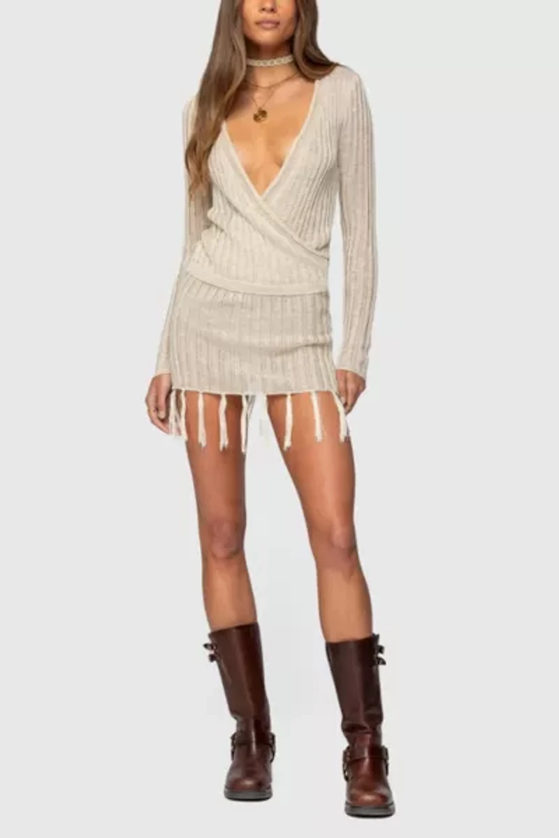 Edikted Tassel Knit Wrap Mini Dress