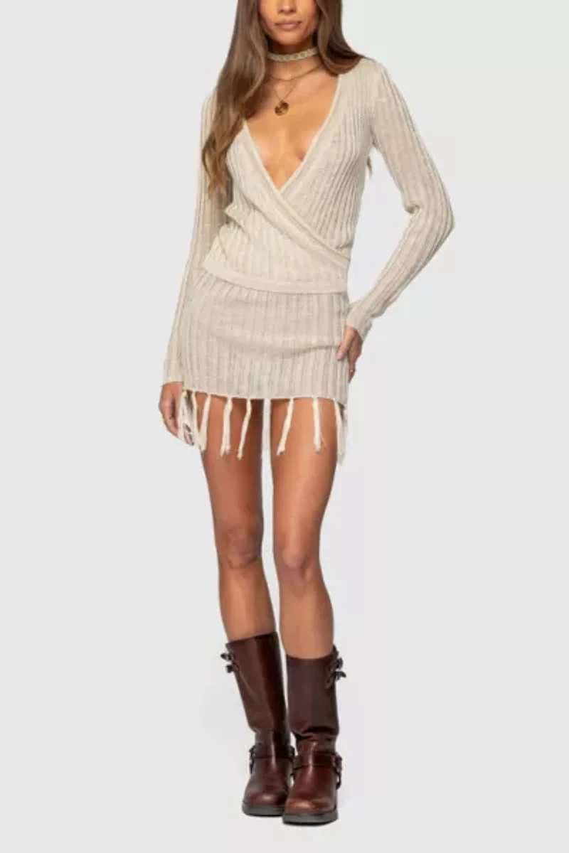 Edikted Tassel Knit Wrap Mini Dress