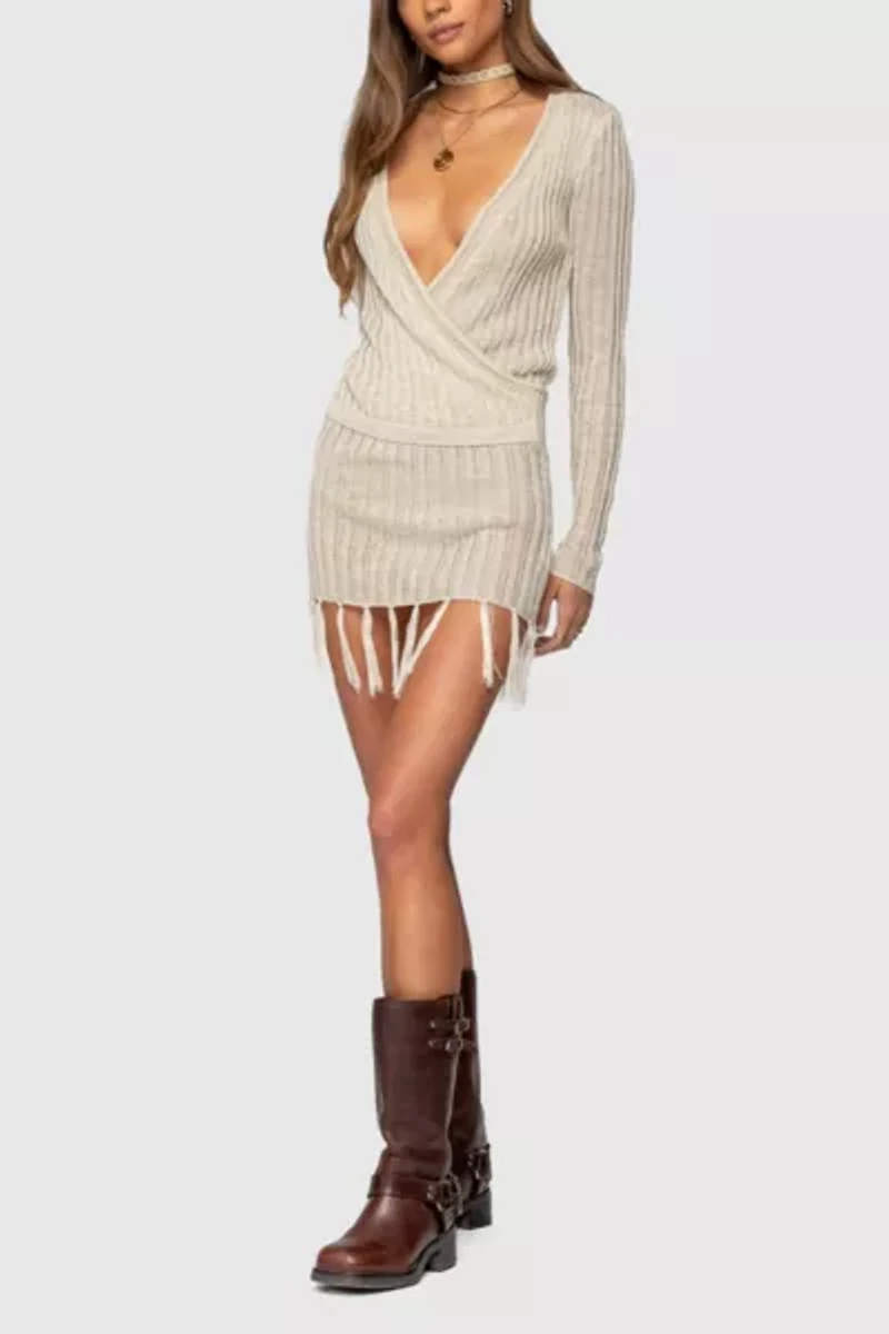 Edikted Tassel Knit Wrap Mini Dress