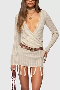 Edikted Tassel Knit Wrap Mini Dress