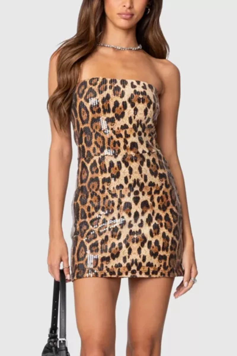 Edikted Sequin Leopard Printed Mini Dress