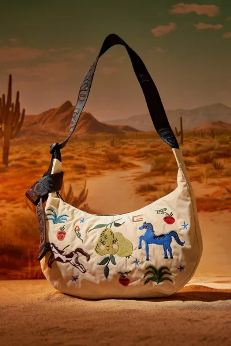 BAGGU Embroidered Painted Prairie Medium Nylon Crescent Bag