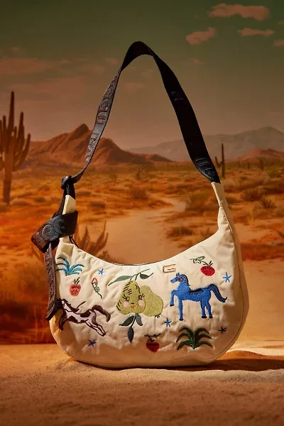 BAGGU Embroidered Painted Prairie Medium Nylon Crescent Bag