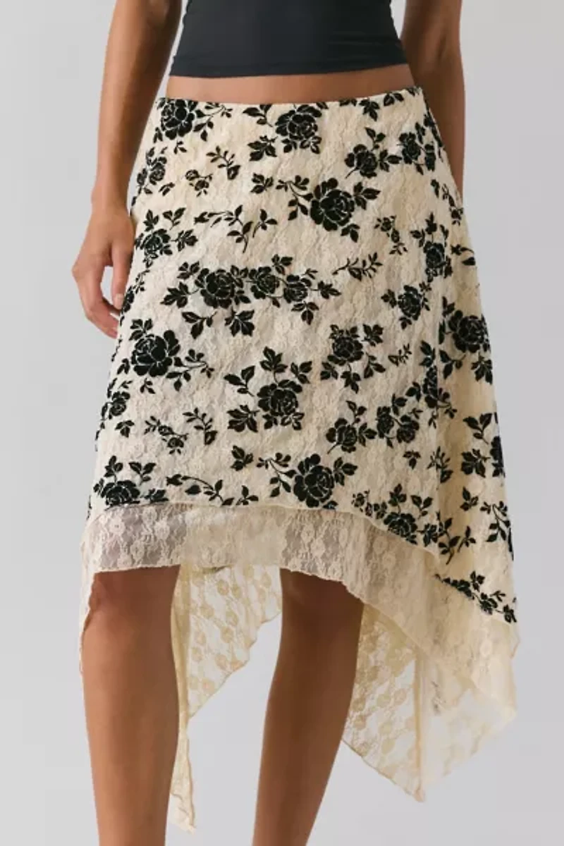Kimchi Blue Sheer Beauty Flocked Lace Hanky Hem Midi Skirt