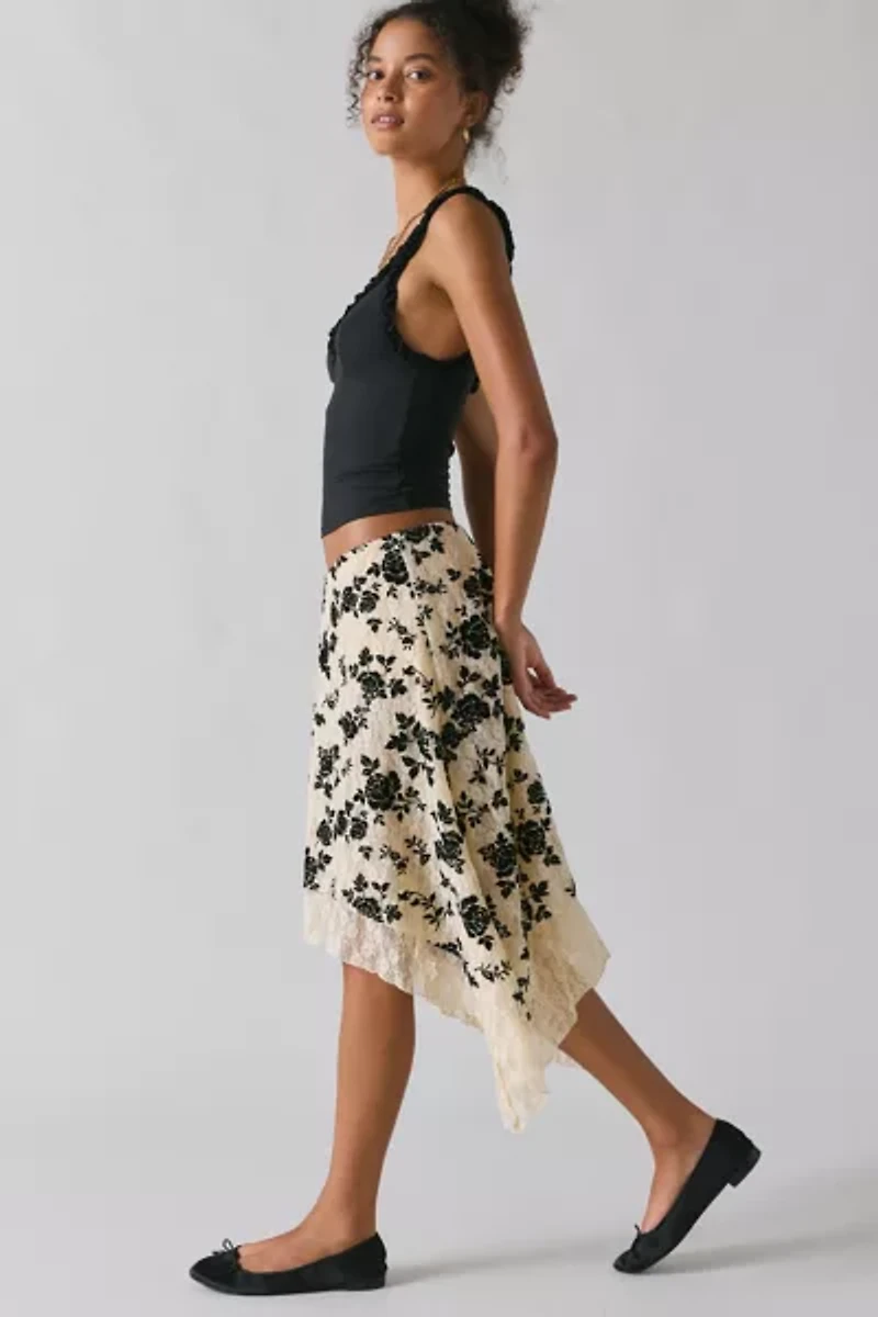 Kimchi Blue Sheer Beauty Flocked Lace Hanky Hem Midi Skirt