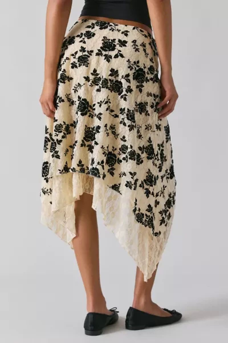 Kimchi Blue Sheer Beauty Flocked Lace Hanky Hem Midi Skirt