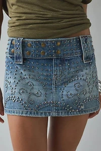 Kimchi Blue Backstage Studded Belted Waistband Low-Rise Denim Micro Mini Skirt