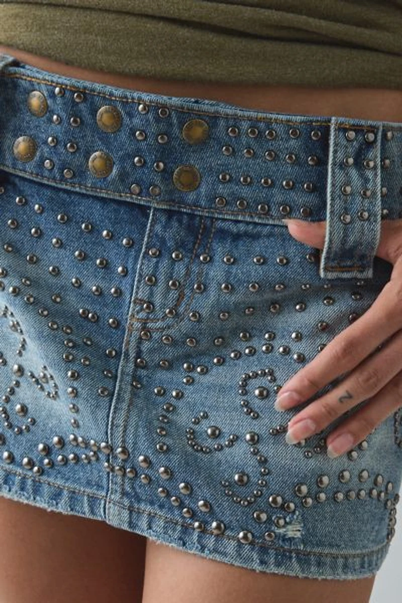 Kimchi Blue Backstage Studded Belted Waistband Low-Rise Denim Micro Mini Skirt
