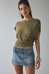 Kimchi Blue Backstage Studded Belted Waistband Low-Rise Denim Micro Mini Skirt