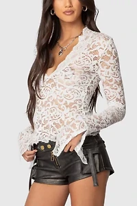 Edikted Sheer Lace Bell Sleeve Top
