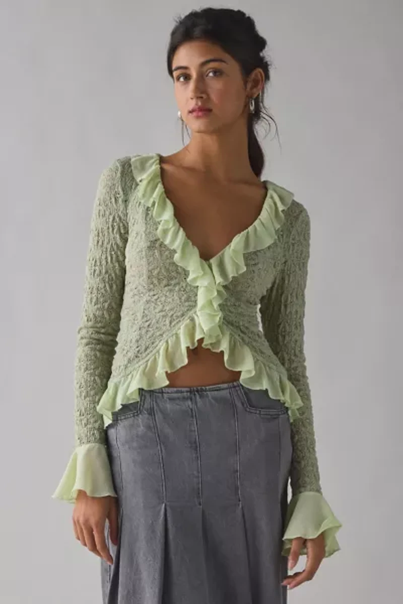 Kimchi Blue Libby Ruffle Trim Flyaway Lace Cardigan Top