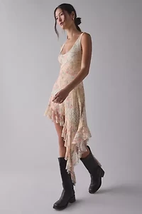 Kimchi Blue Hydrangea Asymmetric Cascading Ruffle Spliced Lace Midi Dress