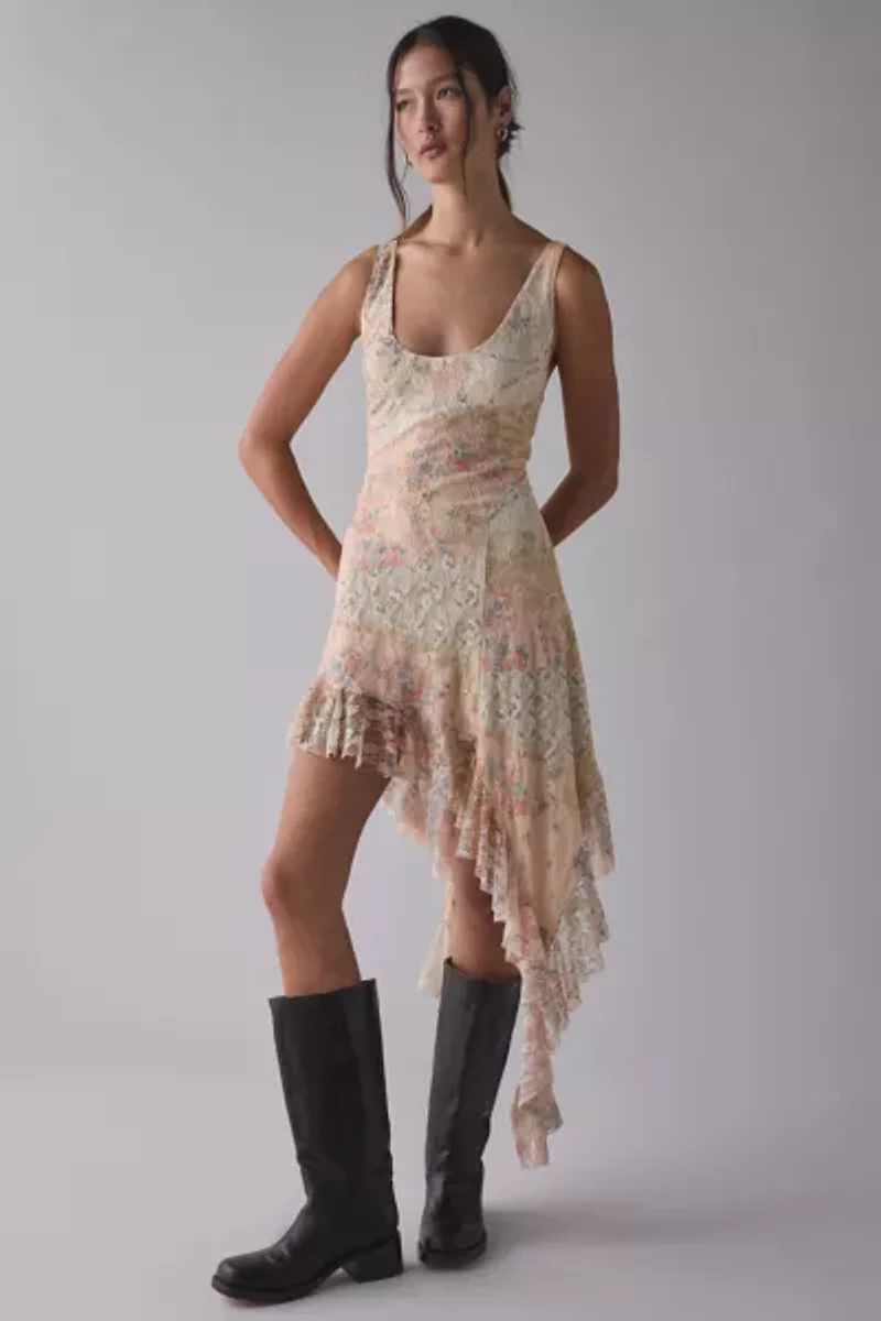 Kimchi Blue Hydrangea Asymmetric Cascading Ruffle Spliced Lace Midi Dress