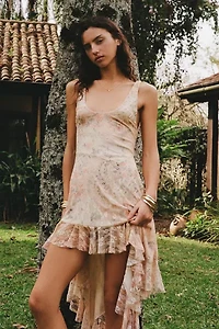 Kimchi Blue Hydrangea Asymmetric Cascading Ruffle Spliced Lace Midi Dress