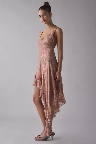 Kimchi Blue Hydrangea Asymmetric Cascading Ruffle Spliced Lace Midi Dress