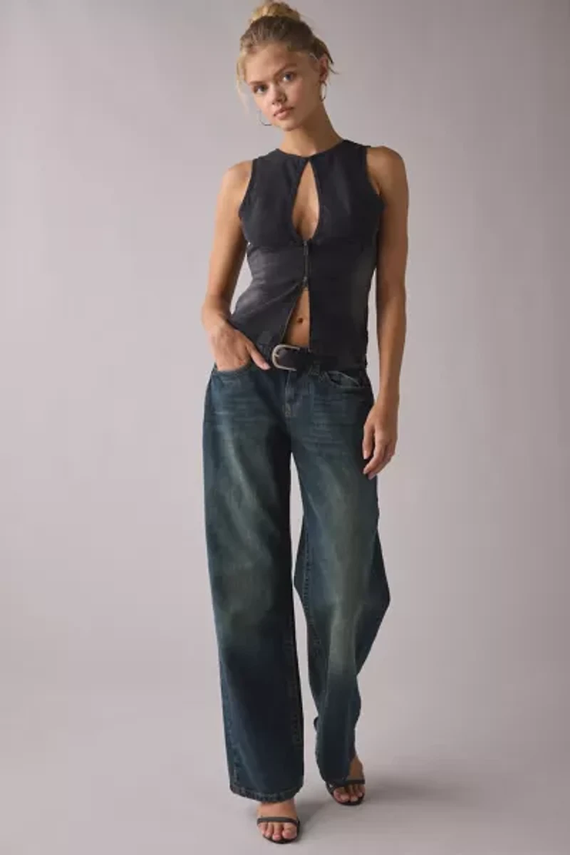 UO Nicola Plunging Keyhole Cutout Zip-Front Denim Vest Top