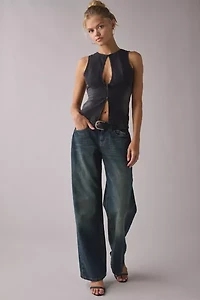 UO Nicola Plunging Keyhole Cutout Zip-Front Denim Vest Top