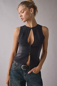 UO Nicola Plunging Keyhole Cutout Zip-Front Denim Vest Top