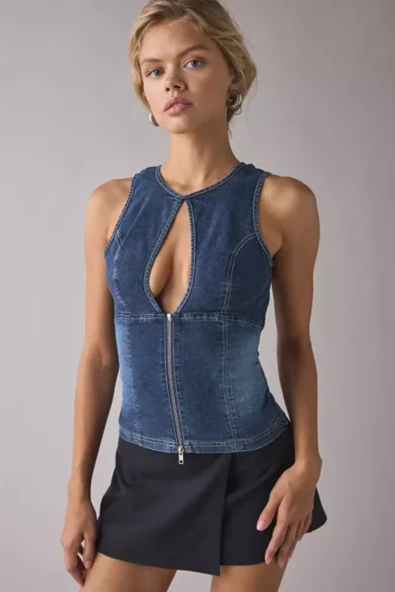 UO Nicola Plunging Keyhole Cutout Zip-Front Denim Vest Top