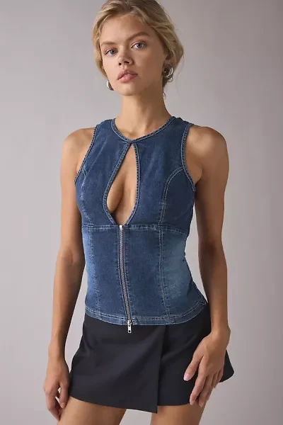 UO Nicola Plunging Keyhole Cutout Zip-Front Denim Vest Top