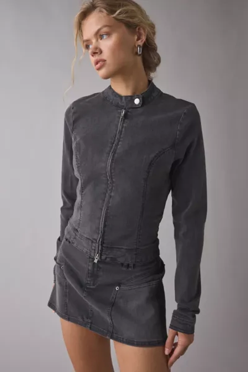 UO Sloane Slim Long Sleeve Zip-Front Moto Denim Top