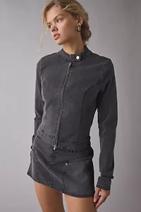 UO Sloane Slim Long Sleeve Zip-Front Moto Denim Top