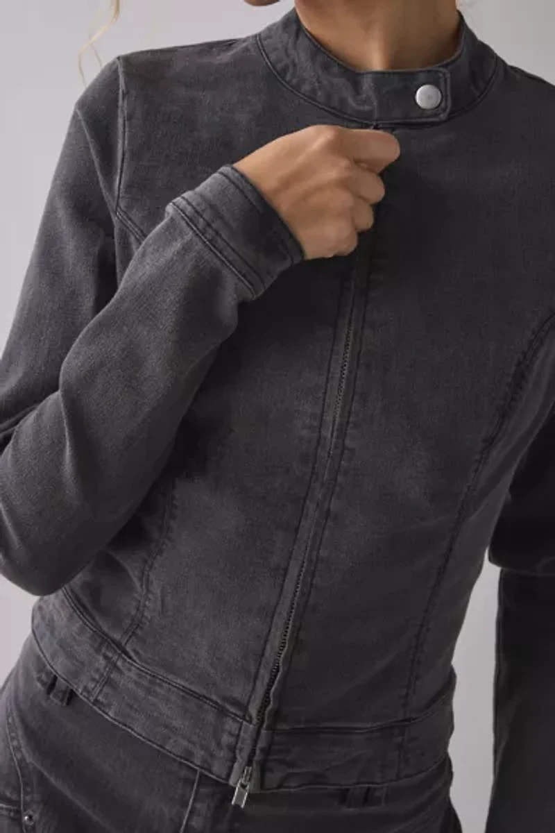 UO Sloane Slim Long Sleeve Zip-Front Moto Denim Top