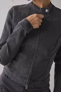 UO Sloane Slim Long Sleeve Zip-Front Moto Denim Top