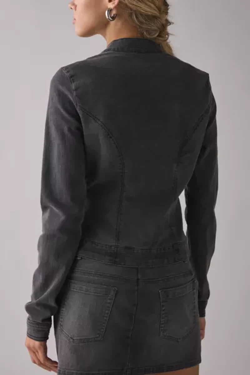 UO Sloane Slim Long Sleeve Zip-Front Moto Denim Top