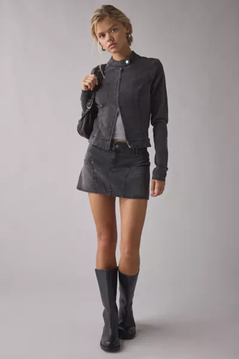 UO Sloane Slim Long Sleeve Zip-Front Moto Denim Top