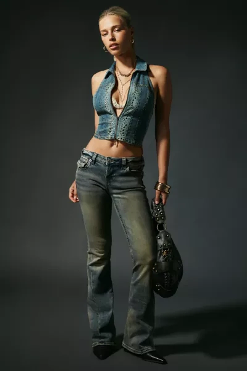 UO Julia Studded Open-Back Cropped Denim Vest Top