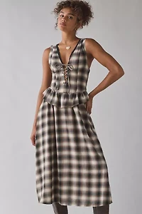 UO Perfectly Plaid Lace-Up Ruffle Midi Dress