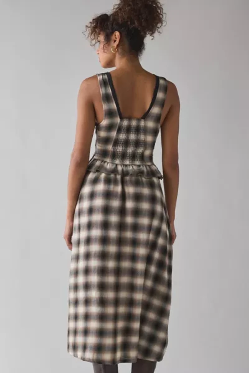 UO Perfectly Plaid Lace-Up Ruffle Midi Dress