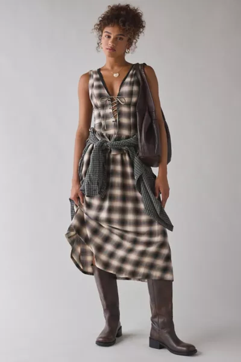 UO Perfectly Plaid Lace-Up Ruffle Midi Dress