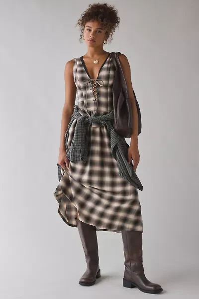 UO Perfectly Plaid Lace-Up Ruffle Midi Dress