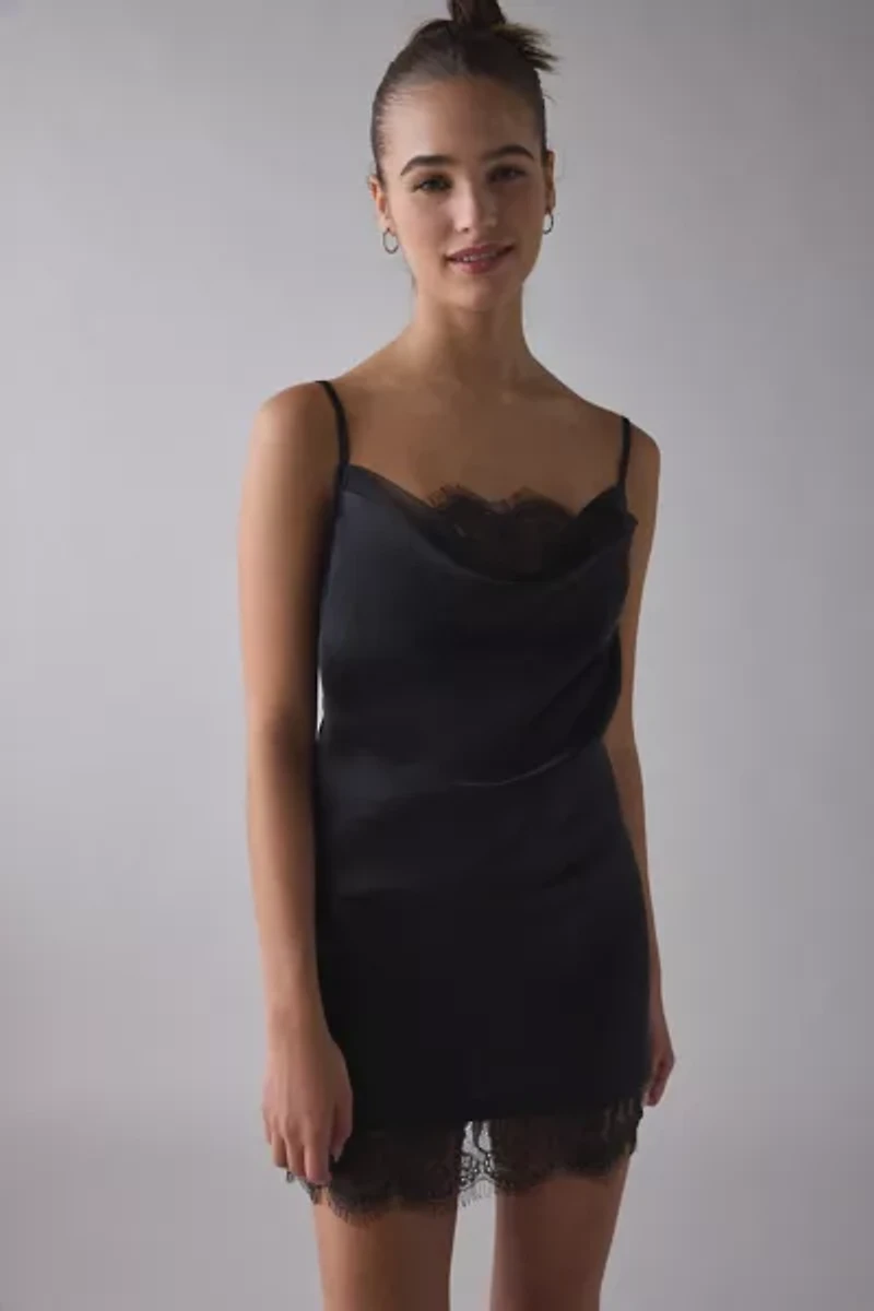 Out From Under Goodnight Kiss Lace Trim Cowl Neck Satin Slip