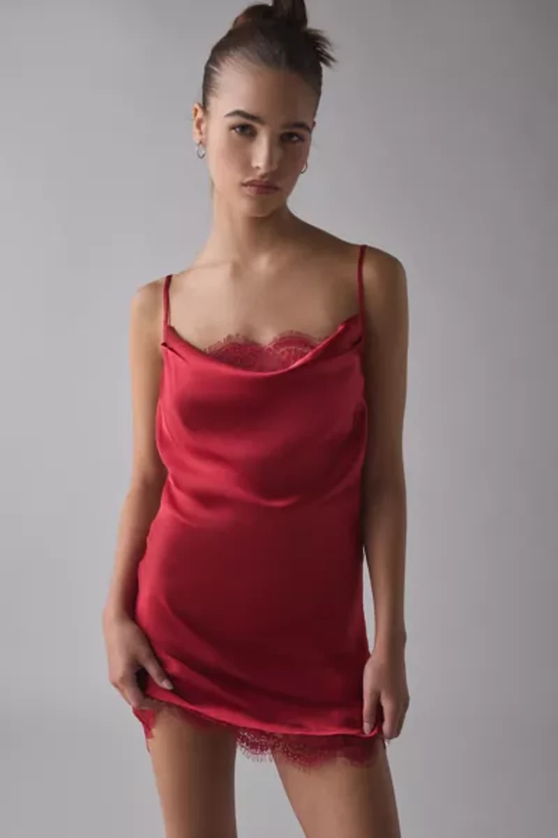 Out From Under Goodnight Kiss Lace Trim Cowl Neck Satin Slip