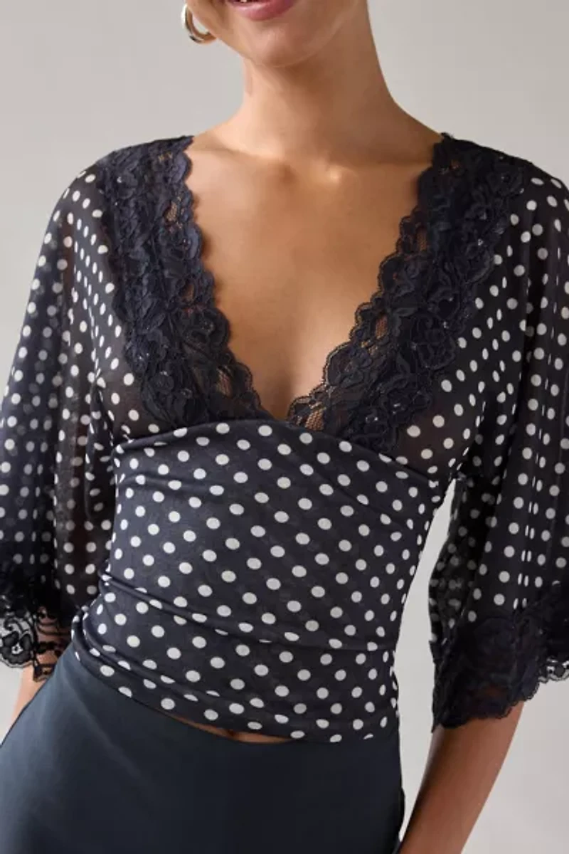 Kimchi Blue Verde Plunging Lace Trim Bell Sleeve Top