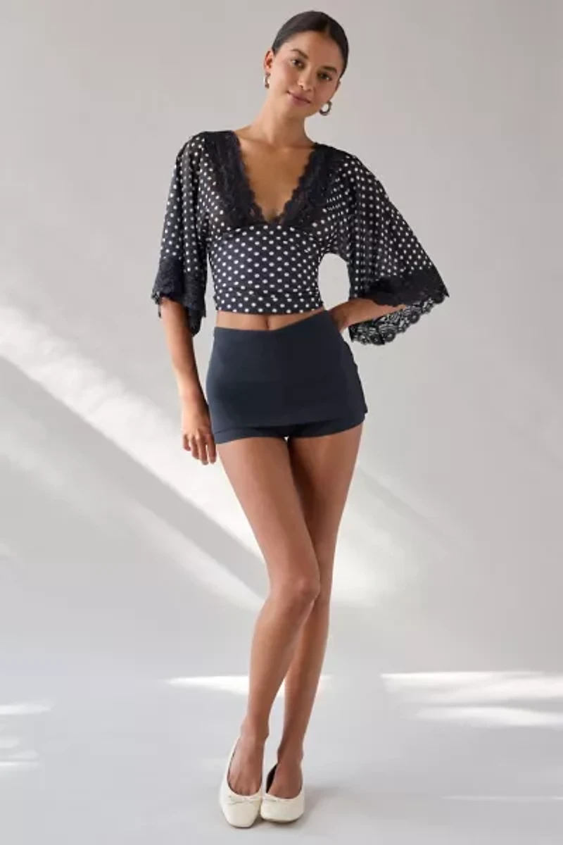 Kimchi Blue Verde Plunging Lace Trim Bell Sleeve Top