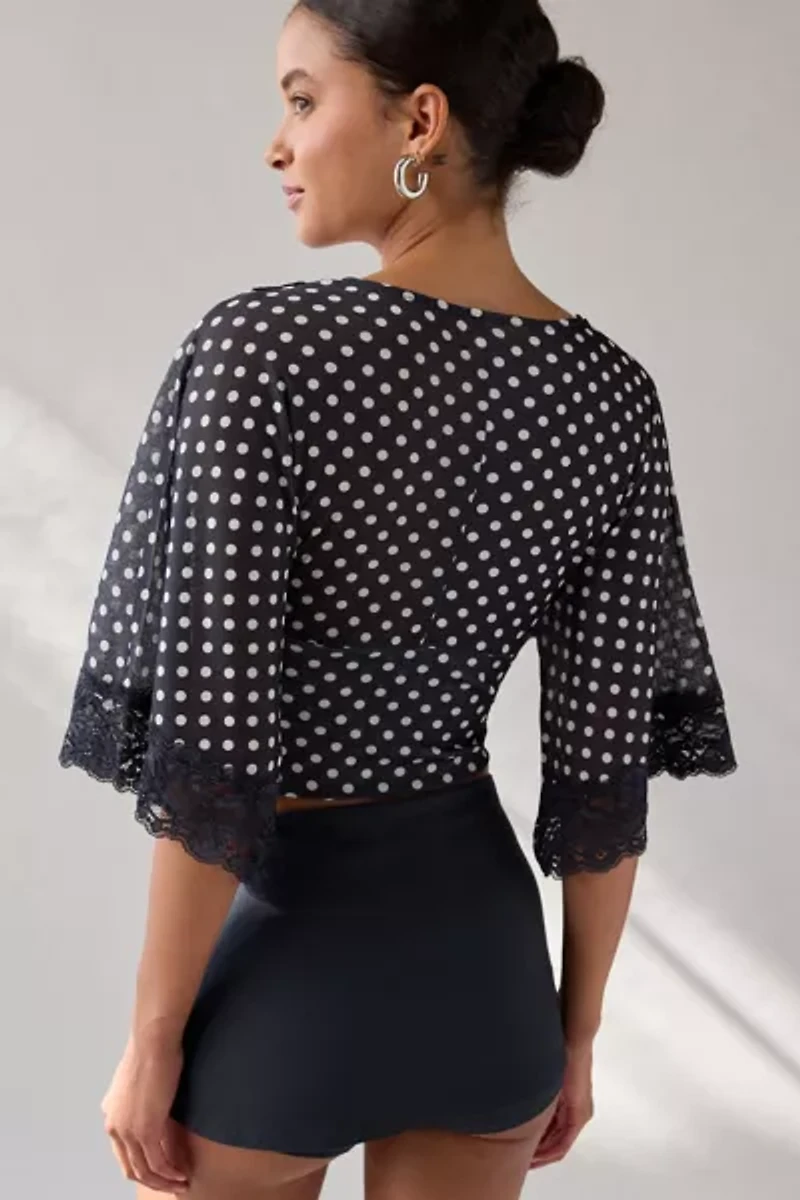 Kimchi Blue Verde Plunging Lace Trim Bell Sleeve Top