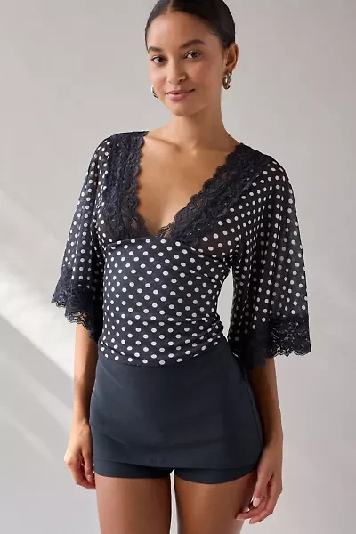 Kimchi Blue Verde Plunging Lace Trim Bell Sleeve Top