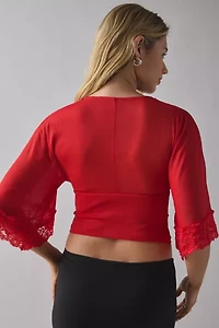 Kimchi Blue Verde Plunging Lace Trim Bell Sleeve Top