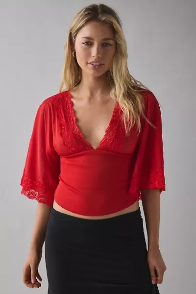 Kimchi Blue Verde Plunging Lace Trim Bell Sleeve Top