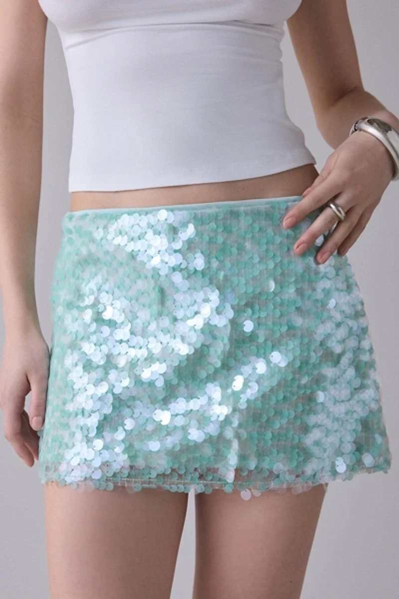 UO Olivia Paillette Sequin Low Rise Micro Mini Skirt