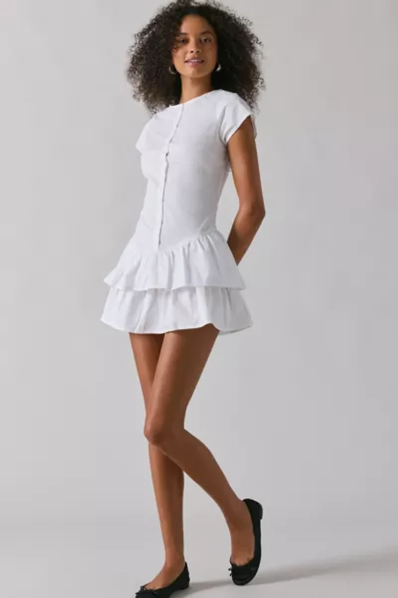 Motel Movan White Cotton Drop Waist Ruffle Mini Dress