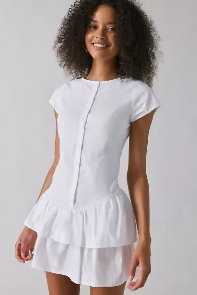Motel Movan White Cotton Drop Waist Ruffle Mini Dress
